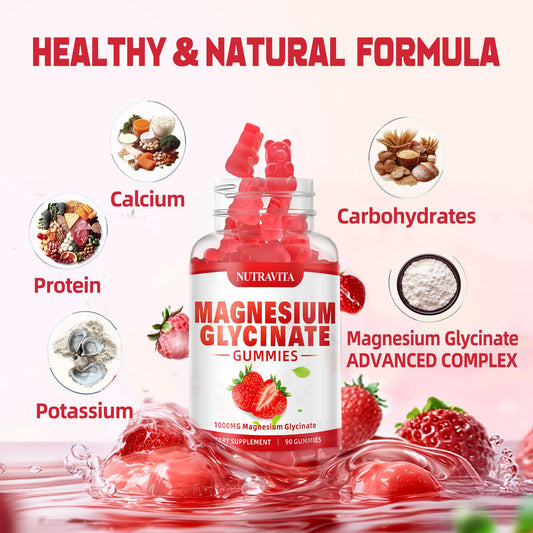 Gomitas Nutravita magnesio glicinato primer plano, textura suave y sabor frambuesa