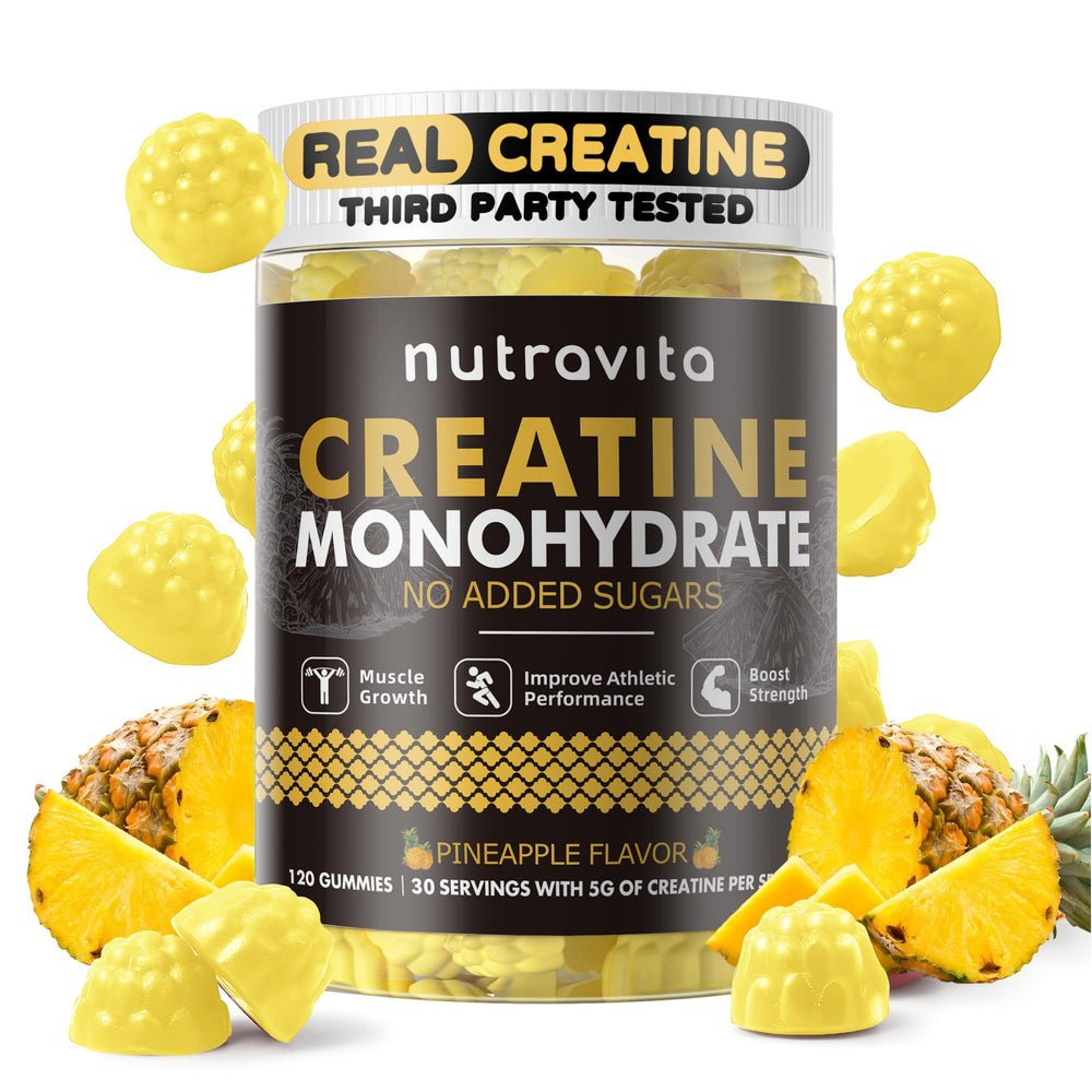 Nutravita gominolas sabor piña sobre fondo tropical, aspecto apetecible