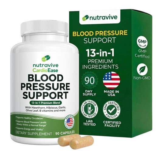 Nutravive envase frontal mostrando fórmula 13‑en‑1 y beneficios