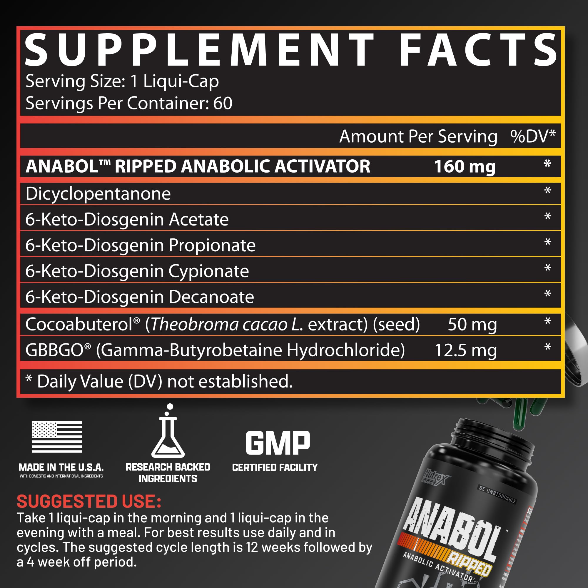 Nutrex Research etiqueta con lista de ingredientes para uso informado