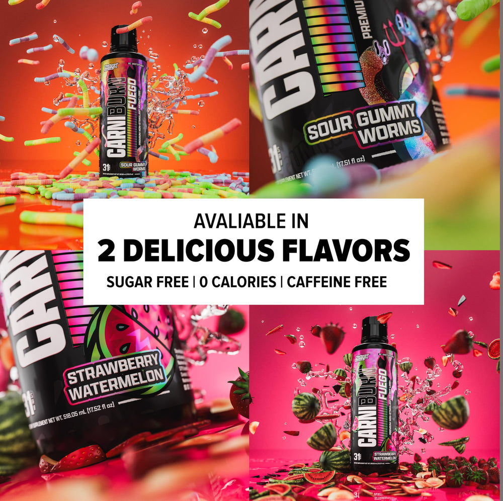 Nutrex Carniburn sabor fresa sandía servido en vaso, refrescante opción