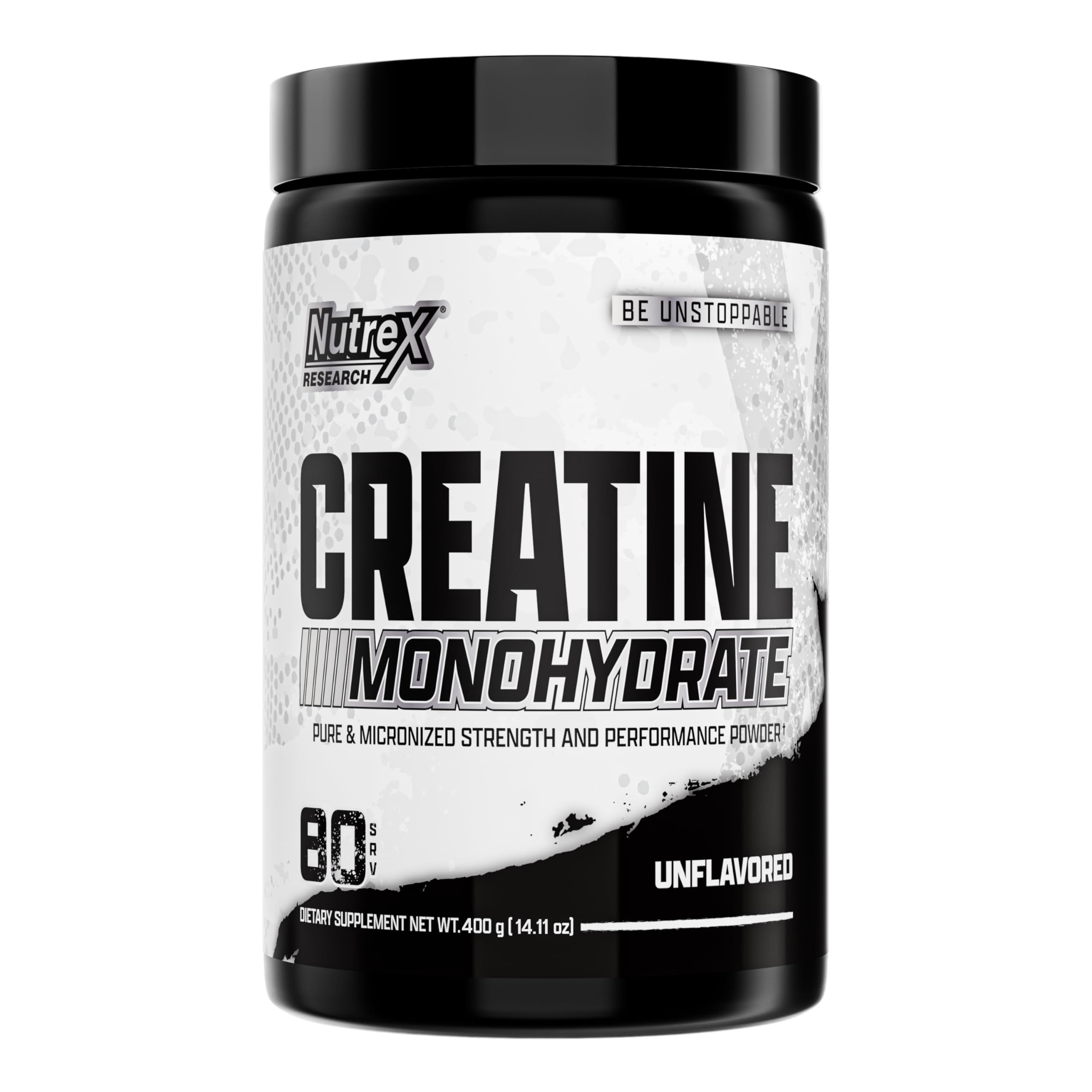 Nutrex Research frasco frontal del producto mostrando 80 servicios y diseño limpio, confianza de marca