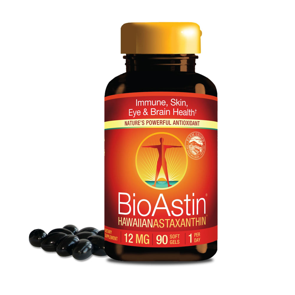 Nutrex Hawaii frasco delantero mostrando BioAstin 12 mg y beneficios