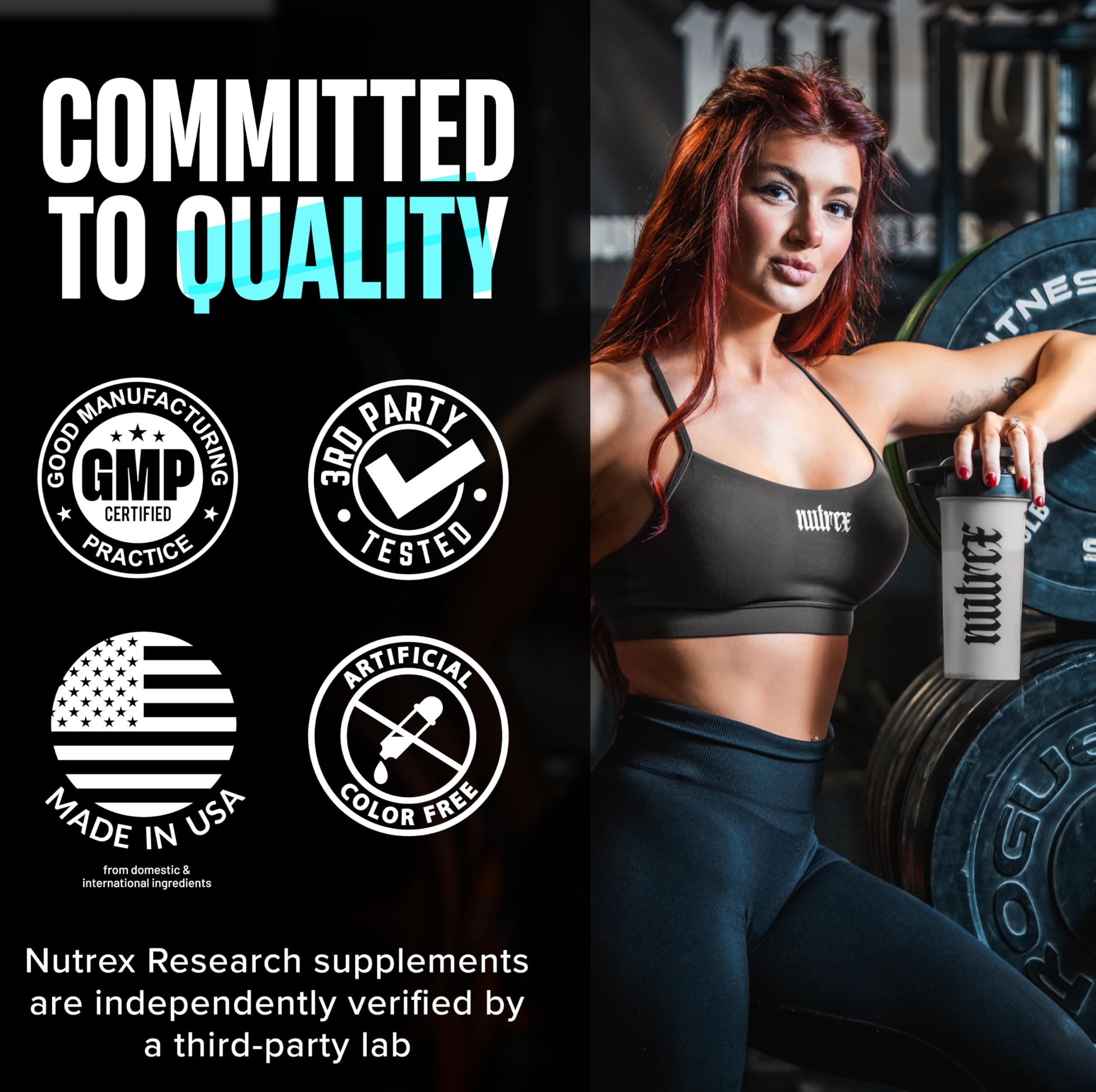 Nutrex Research botella junto a equipo de gimnasio transmitiendo rendimiento