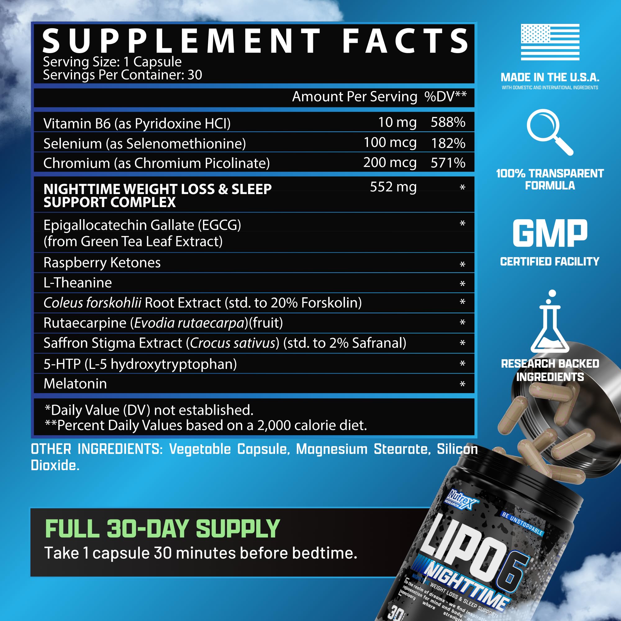 Nutrex Research frasco en mesita de noche mostrando uso rutinario antes de dormir