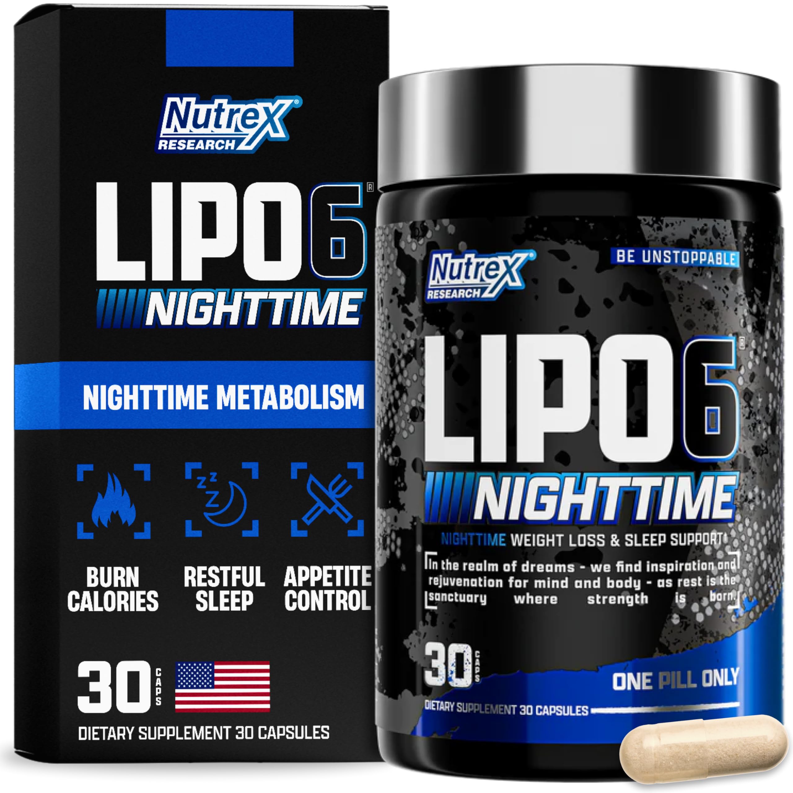 Nutrex Research frasco Lipo-6 Nighttime mostrando el frente y beneficio de apoyo nocturno