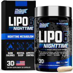 Nutrex Research frasco Lipo-6 Nighttime mostrando el frente y beneficio de apoyo nocturno