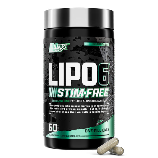 Nutrex Research LIPO SIX Stim‑Free frente del envase mostrando diseño y tamaño beneficioso
