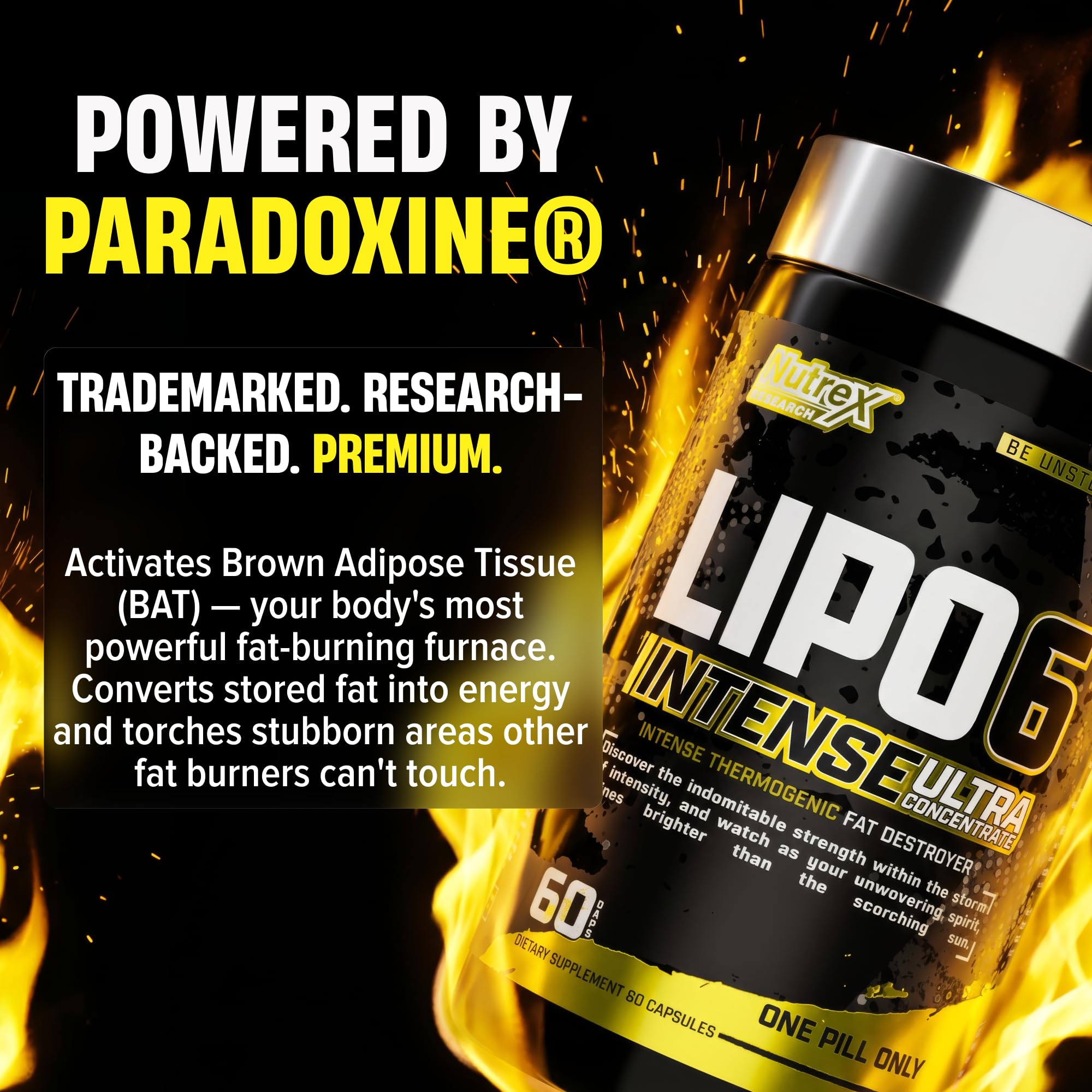 Nutrex Research cápsulas junto a ingredientes en polvo ilustrando potencia y formulación