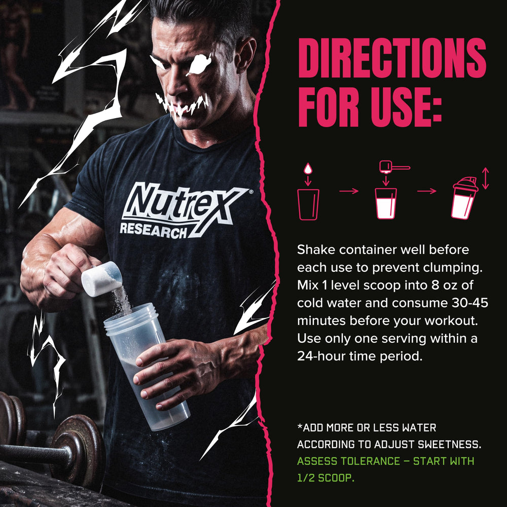 Nutrex Research Outrage cucharada y bote para mostrar tamaño de porción visualmente