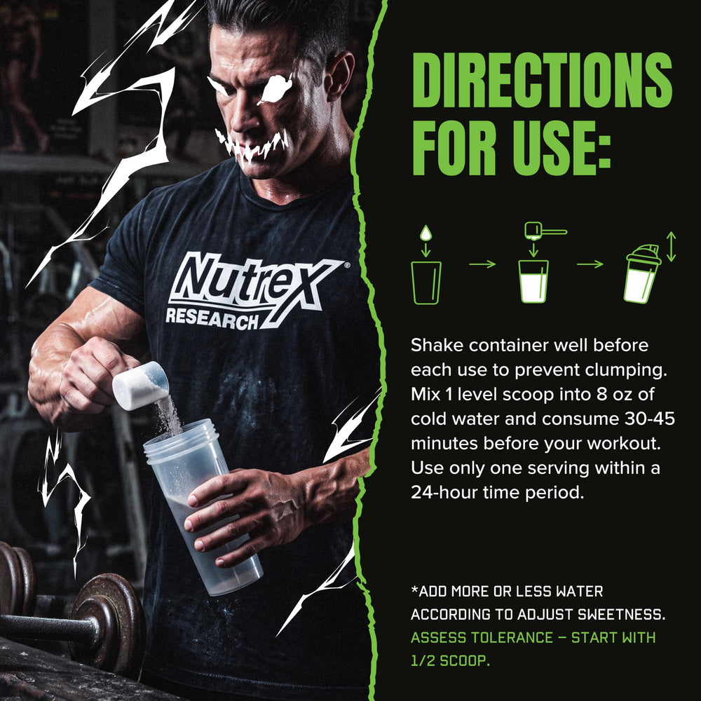 Nutrex Research Outrage en gimnasio, atleta tomando pre-entreno para mejor rendimiento