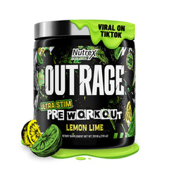 Nutrex Research Outrage frente del envase mostrando sabor Lemon Lime y beneficios energéticos