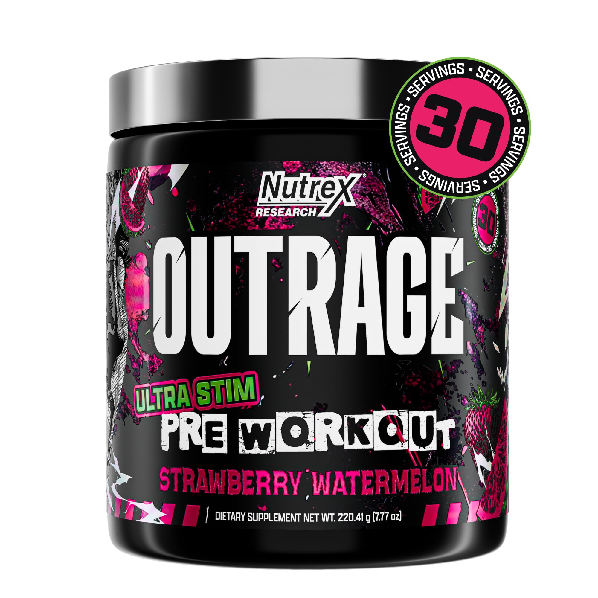 Nutrex Research Outrage vista frontal del envase sabor Fresa Sandía mostrando potencia