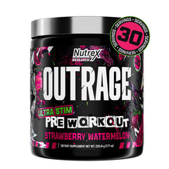 Nutrex Research Outrage vista frontal del envase sabor Fresa Sandía mostrando potencia