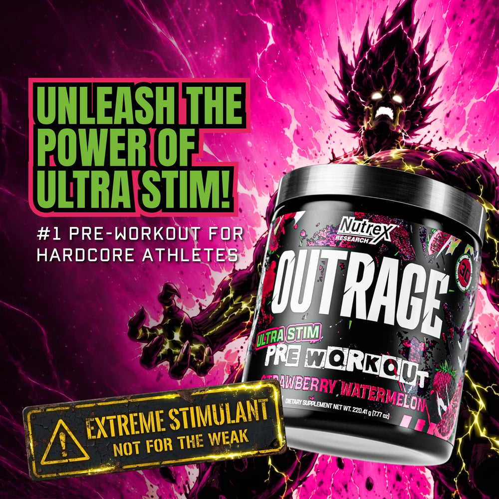 Nutrex Research Outrage textura del polvo en primer plano que facilita mezcla rápida