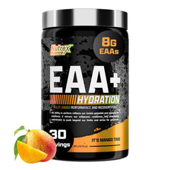 Nutrex Research frasco EAA Hydration al frente, clara información de ingredientes y beneficio