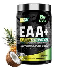 Nutrex Research vista frontal del envase mostrando sabor Maui Twist y beneficio recuperación