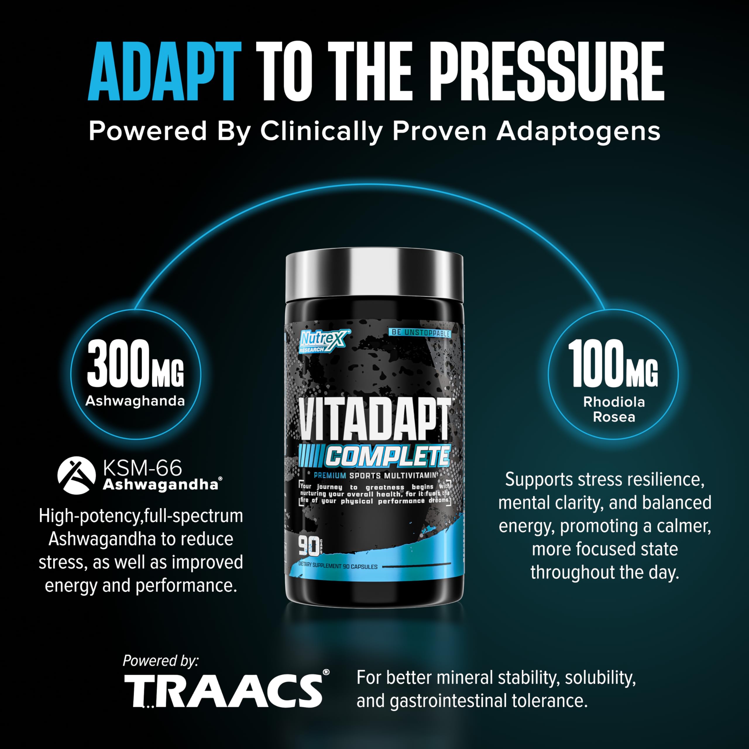 Nutrex Vitadapt junto a toalla y botella, beneficio para entrenamientos