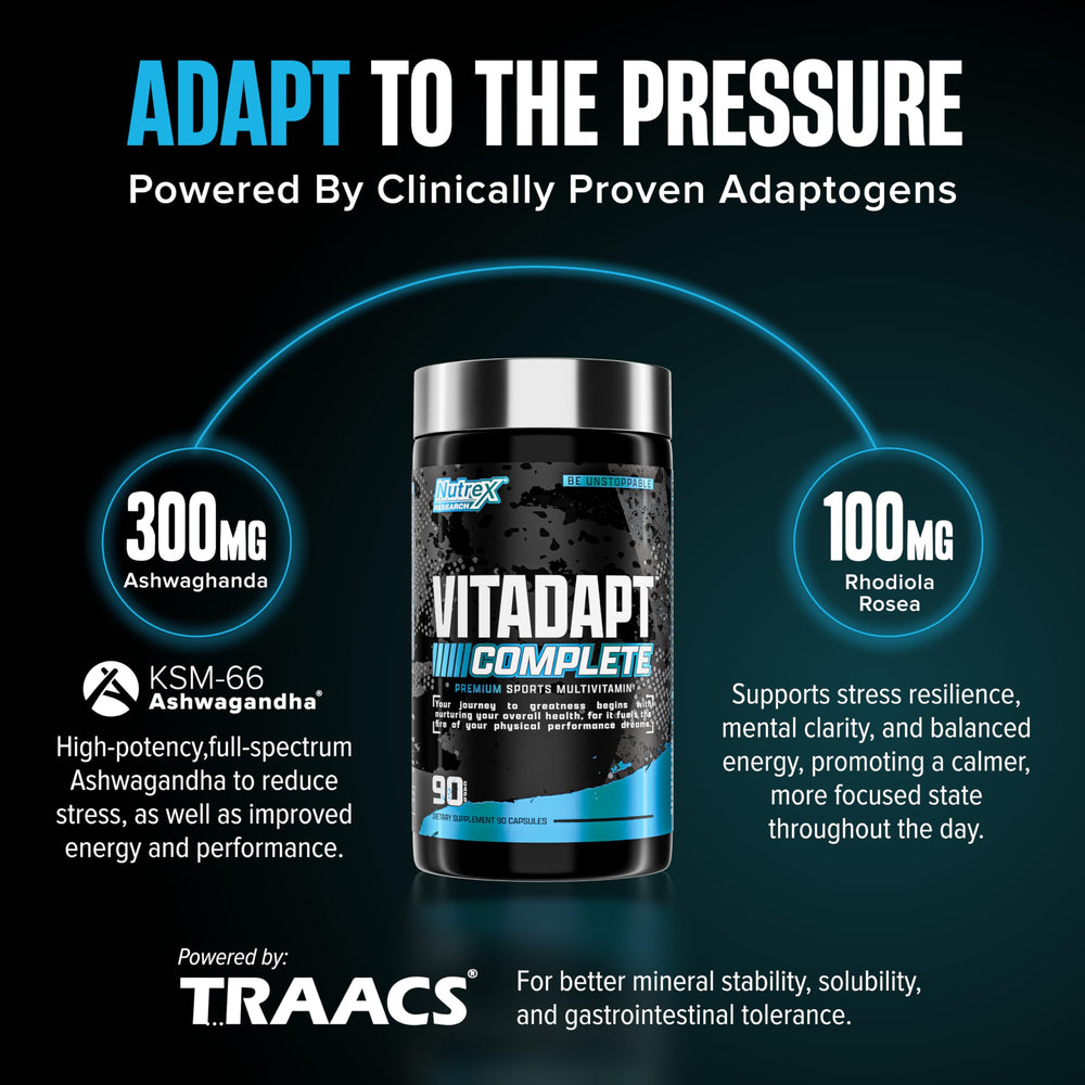 Nutrex Vitadapt junto a toalla y botella, beneficio para entrenamientos