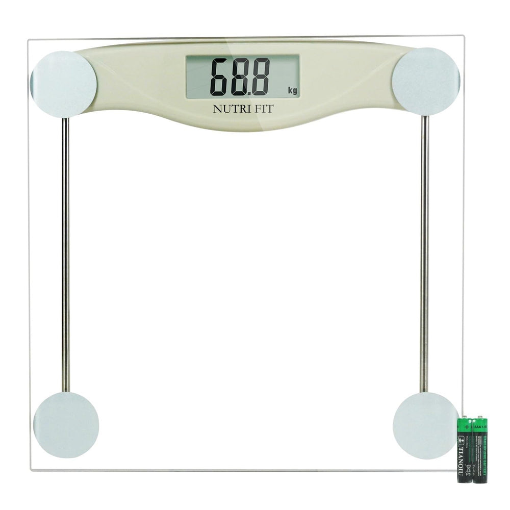NUTRI FIT vista frontal de la báscula gris, elegante y precisa