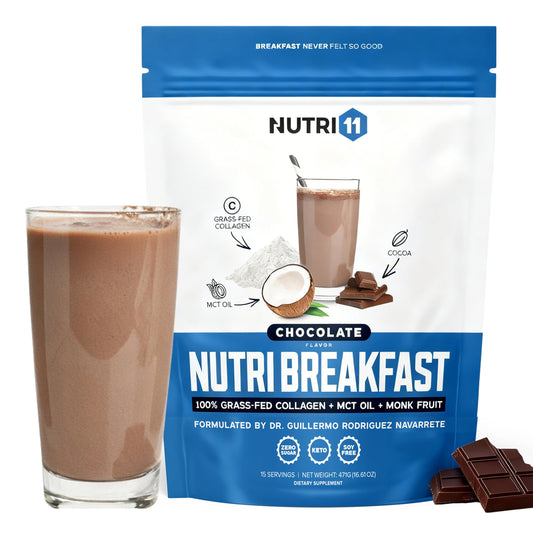 Nutri11 empaque frontal chocolate mostrando marca y beneficios visibles