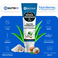 Persona usando Nutri11 al cepillar mostrando aplicación práctica y frescura
