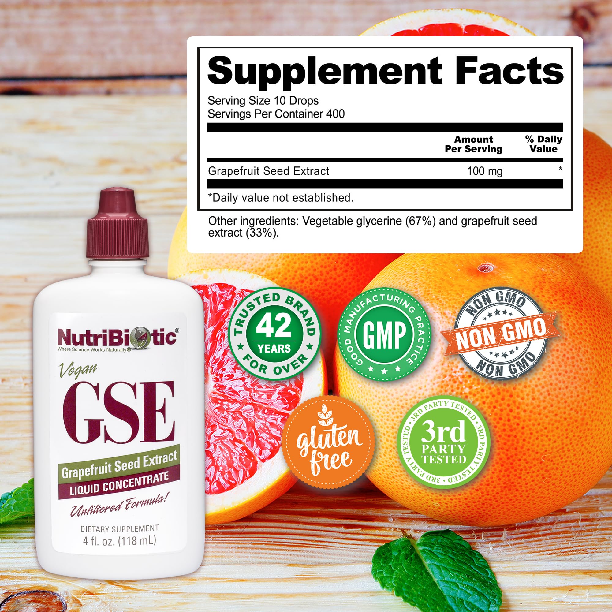 NutriBiotic GSE etiqueta clara con ingredientes y certificaciones