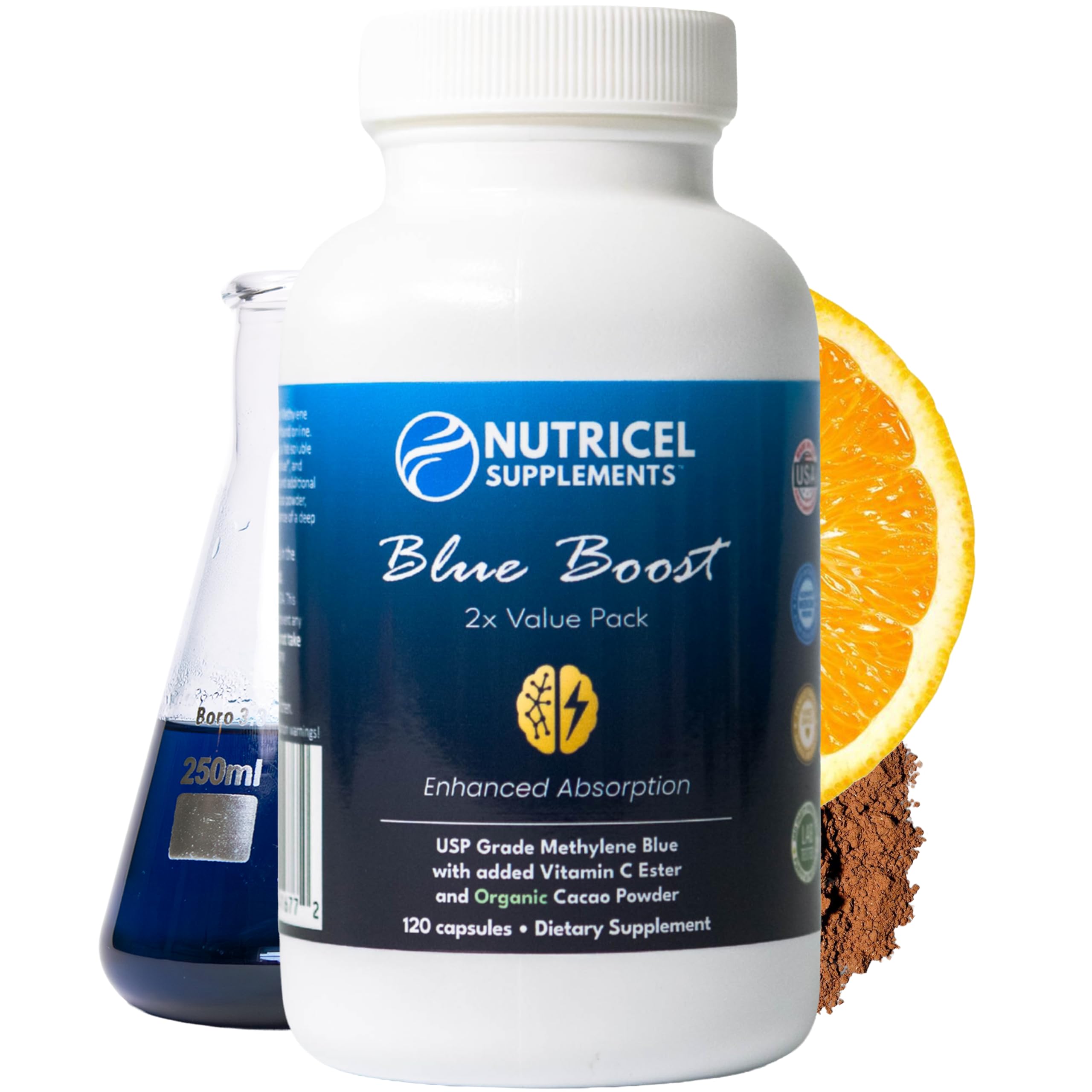 Nutricel packaging frontal mostrando 120 cápsulas y beneficios visibles
