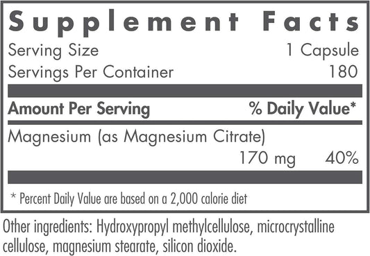 Cápsulas vegetarianas de Nutricology Magnesio Citrato, fáciles de tragar.
