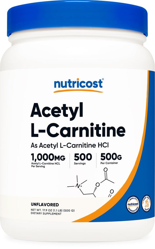 Nutricost Acetil L-Carnitina botella: suplemento puro para uso diario.