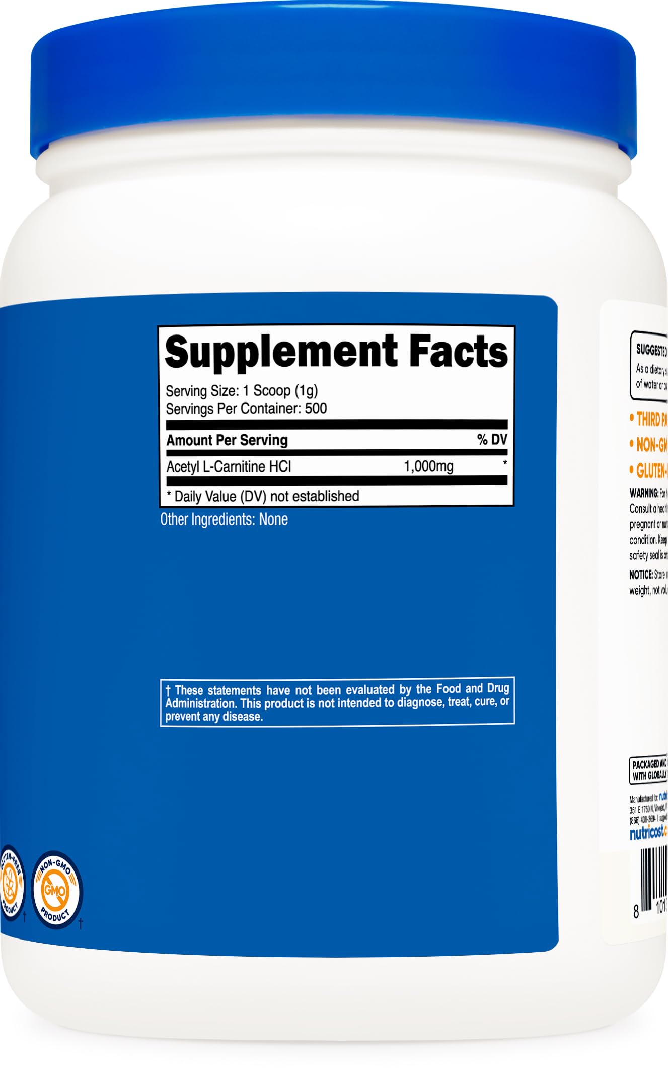 Nutricost Acetil L-Carnitina fabricación GMP: producido en instalación certificada.