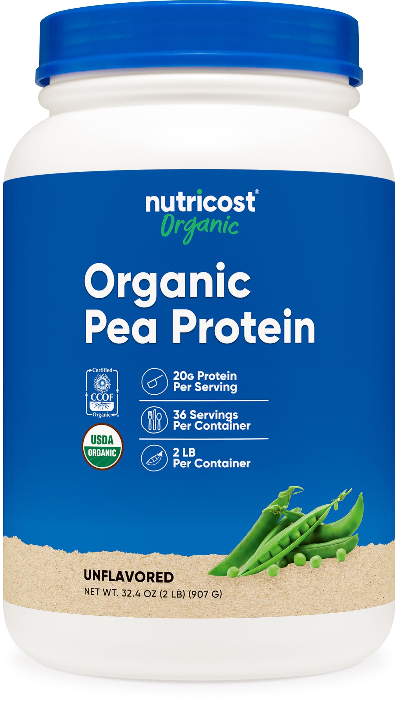 Nutricost empaque frontal mostrando proteína de guisante orgánica y total 2 lb