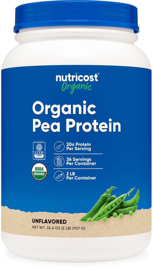 Nutricost empaque frontal mostrando proteína de guisante orgánica y total 2 lb