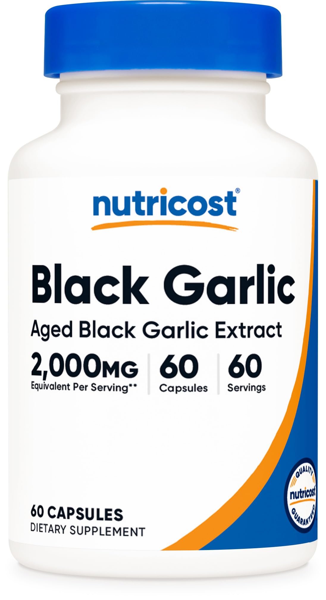 Nutricost frasco frontal de ajo negro extracto con información clara y beneficio de dosificación