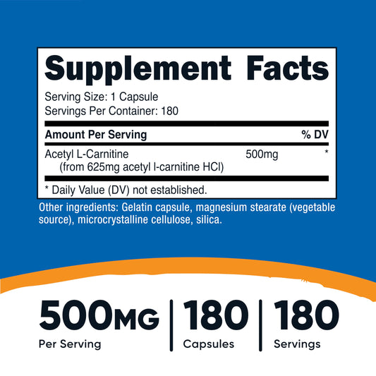 Botella de Nutricost ALCAR 500 mg, suministro para sesiones prolongadas.