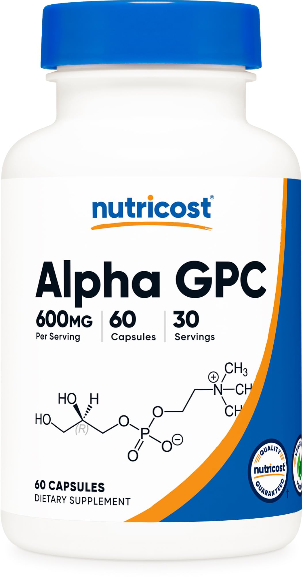 Nutricost Alpha GPC 600mg, botella vista frontal, cápsulas vegetarianas para uso diario.