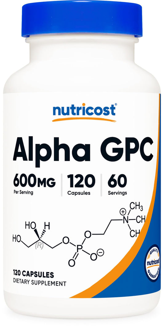 Nutricost Alpha GPC 600 mg, botella, posible apoyo a la concentración diaria.