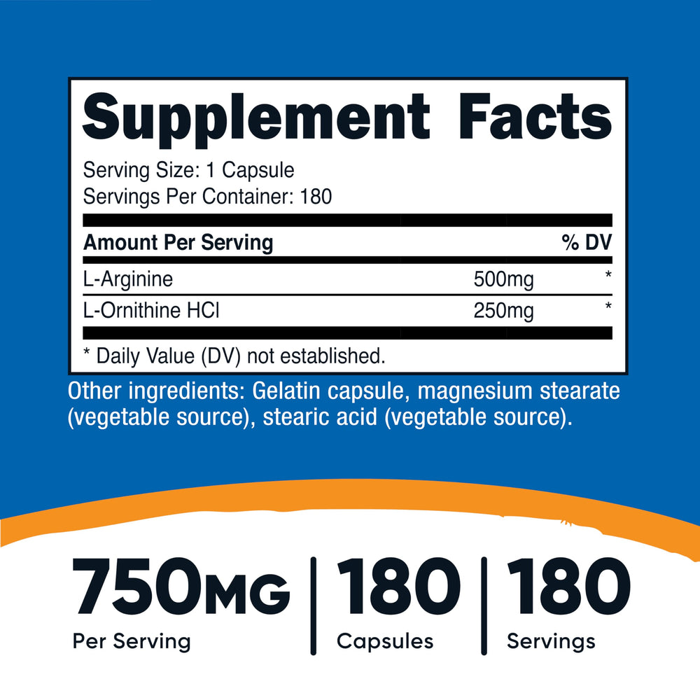 Closeup of Nutricost capsules, high-potency L-Arginine alongside L-Ornithine for active use.