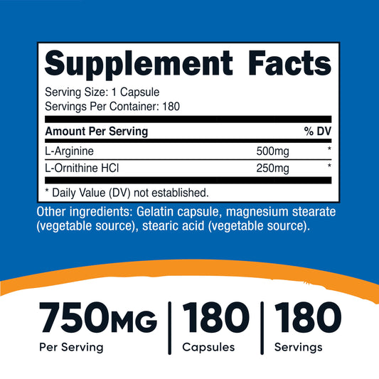 Closeup of Nutricost capsules, high-potency L-Arginine alongside L-Ornithine for active use.
