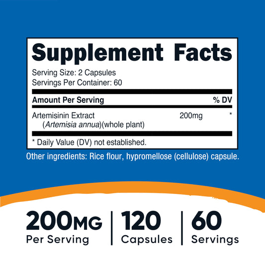 Etiqueta de Nutricost Artemisinina 200 mg con información clara de dosis y origen.