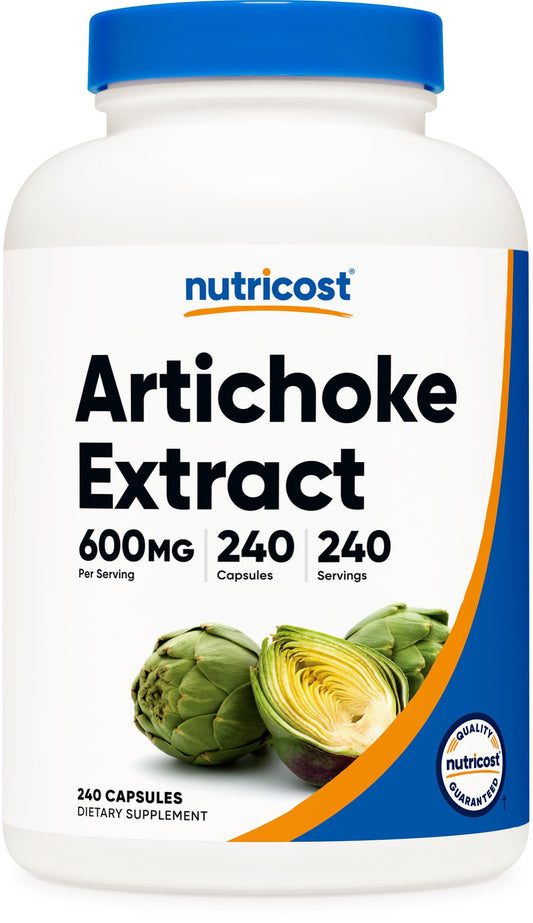 Nutricost Artichoke Extract 600mg capsule close-up highlighting the 5% Cynarin standard.