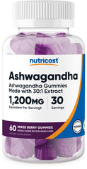 Nutricost Ashwagandha Gummies, botella con gomitas, apoyo al bienestar diario.