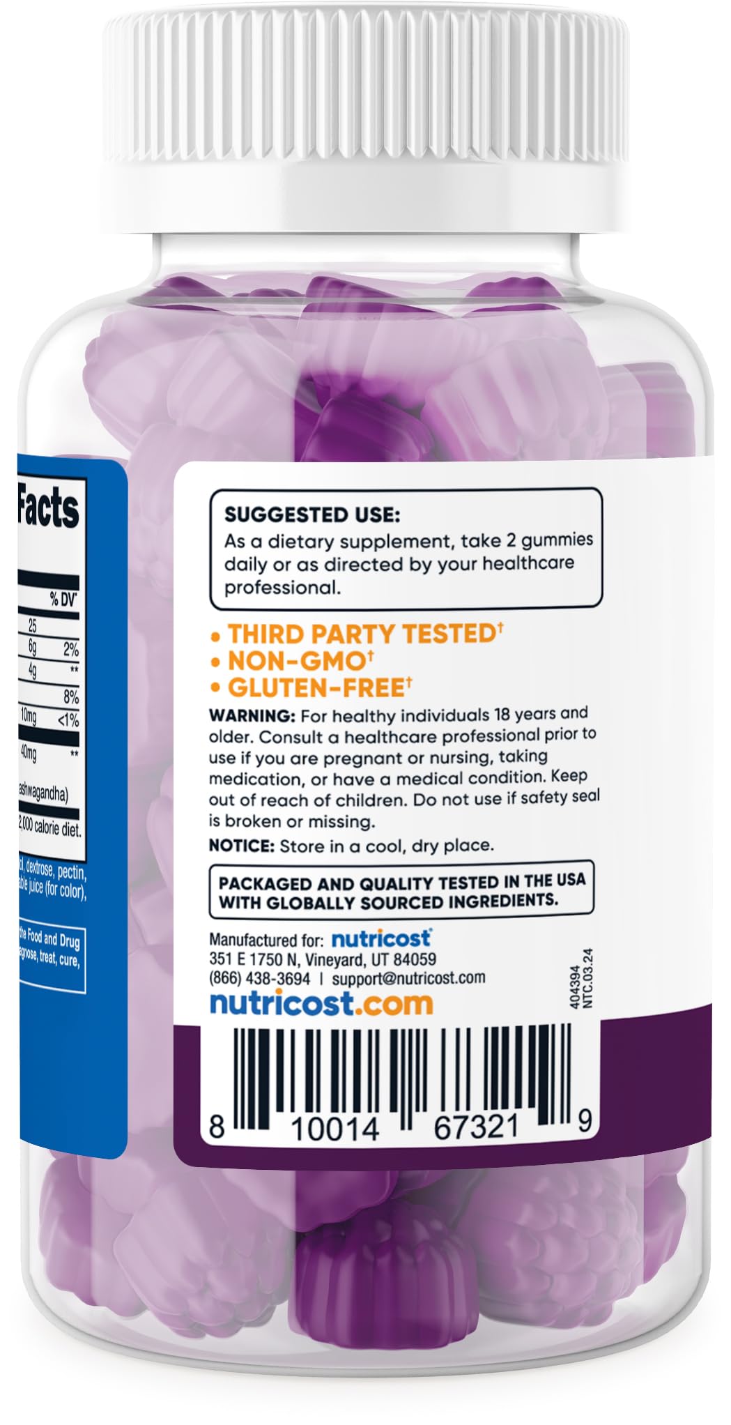 Nutricost Ashwagandha Gummies, tabla de ingredientes, claridad sobre contenido y origen.