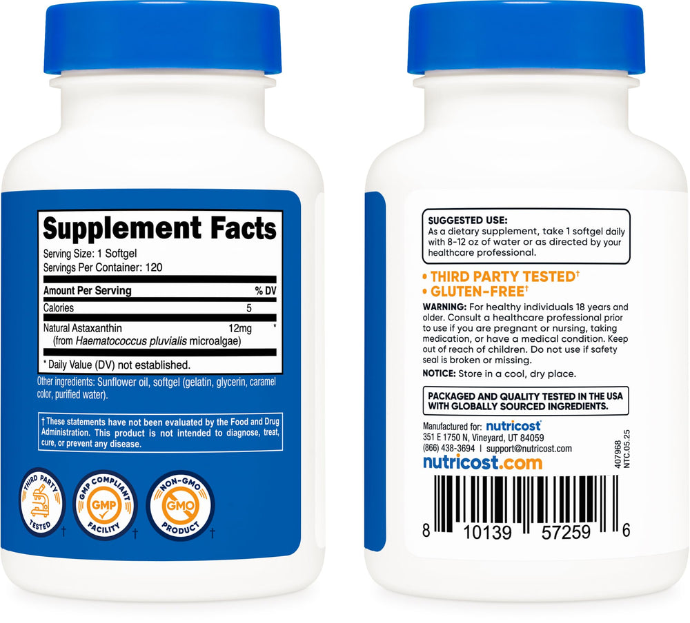 Nutricost Astaxanthin frasco abierto con softgels visibles para fácil identificación