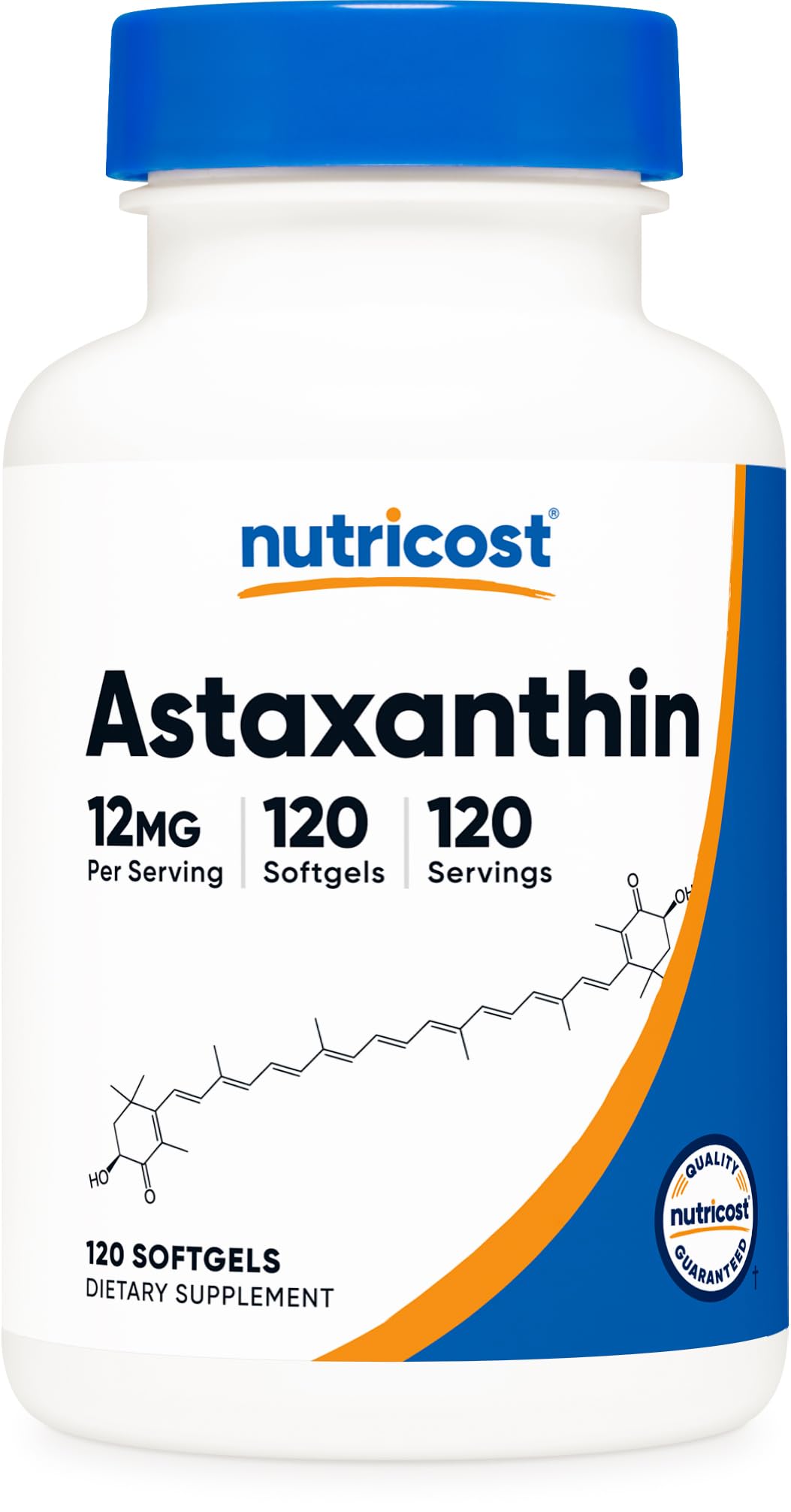 Nutricost Astaxanthin vista frontal del frasco mostrando cantidad y marca