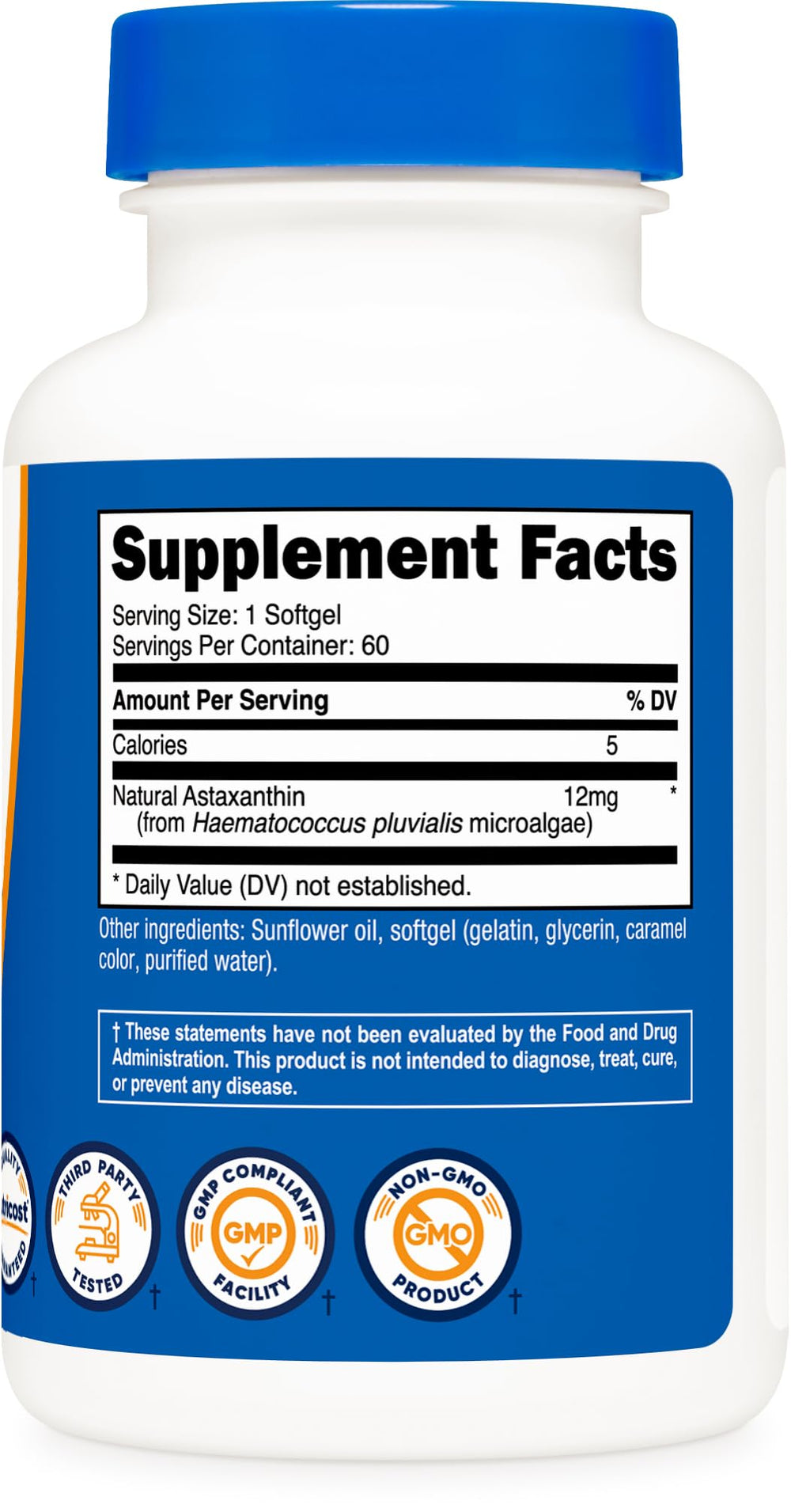 Nutricost Astaxantina 12 mg, detalle de cápsula, textura suave al tacto.