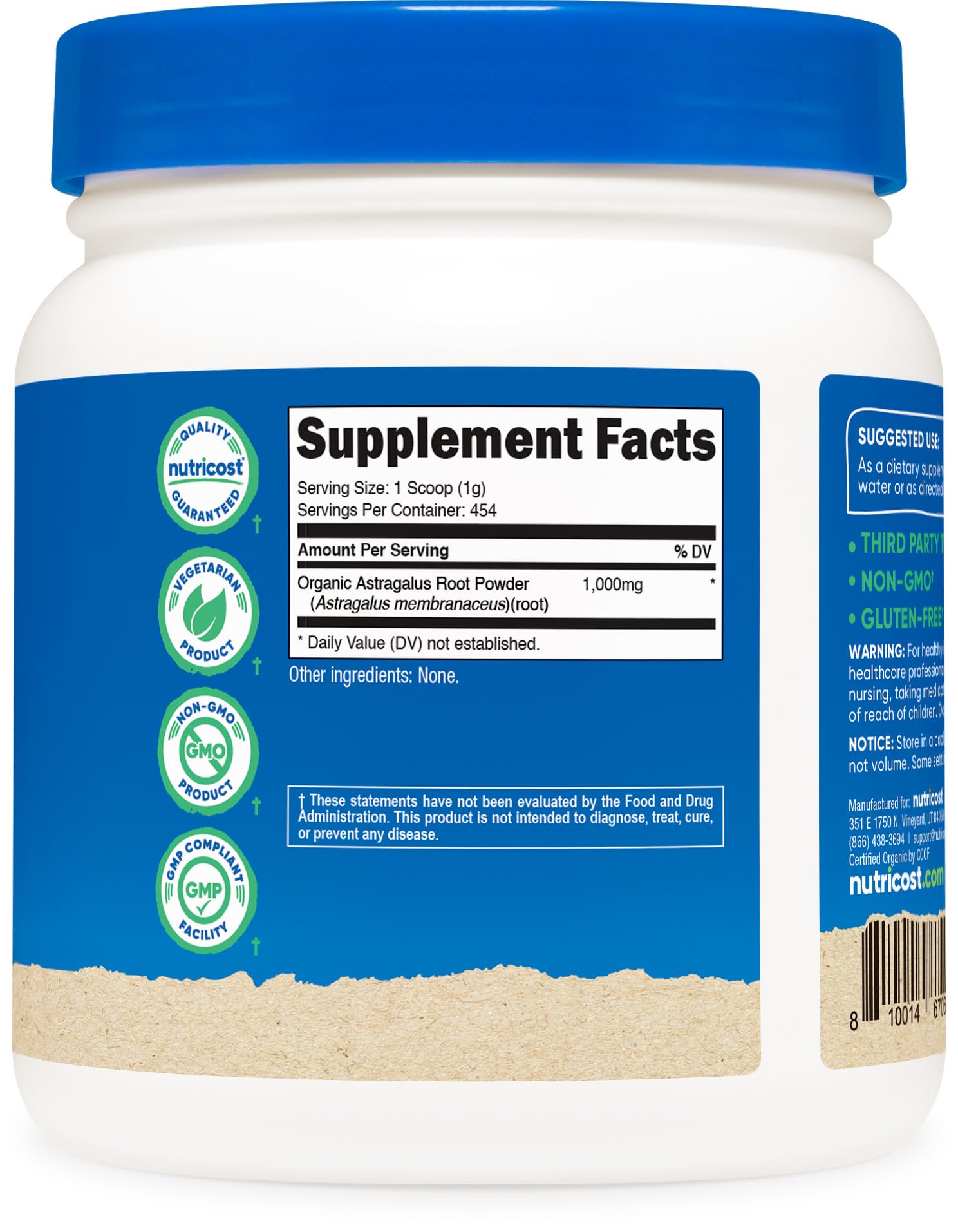 Nutricost etiqueta del producto mostrando ingredientes y certificaciones