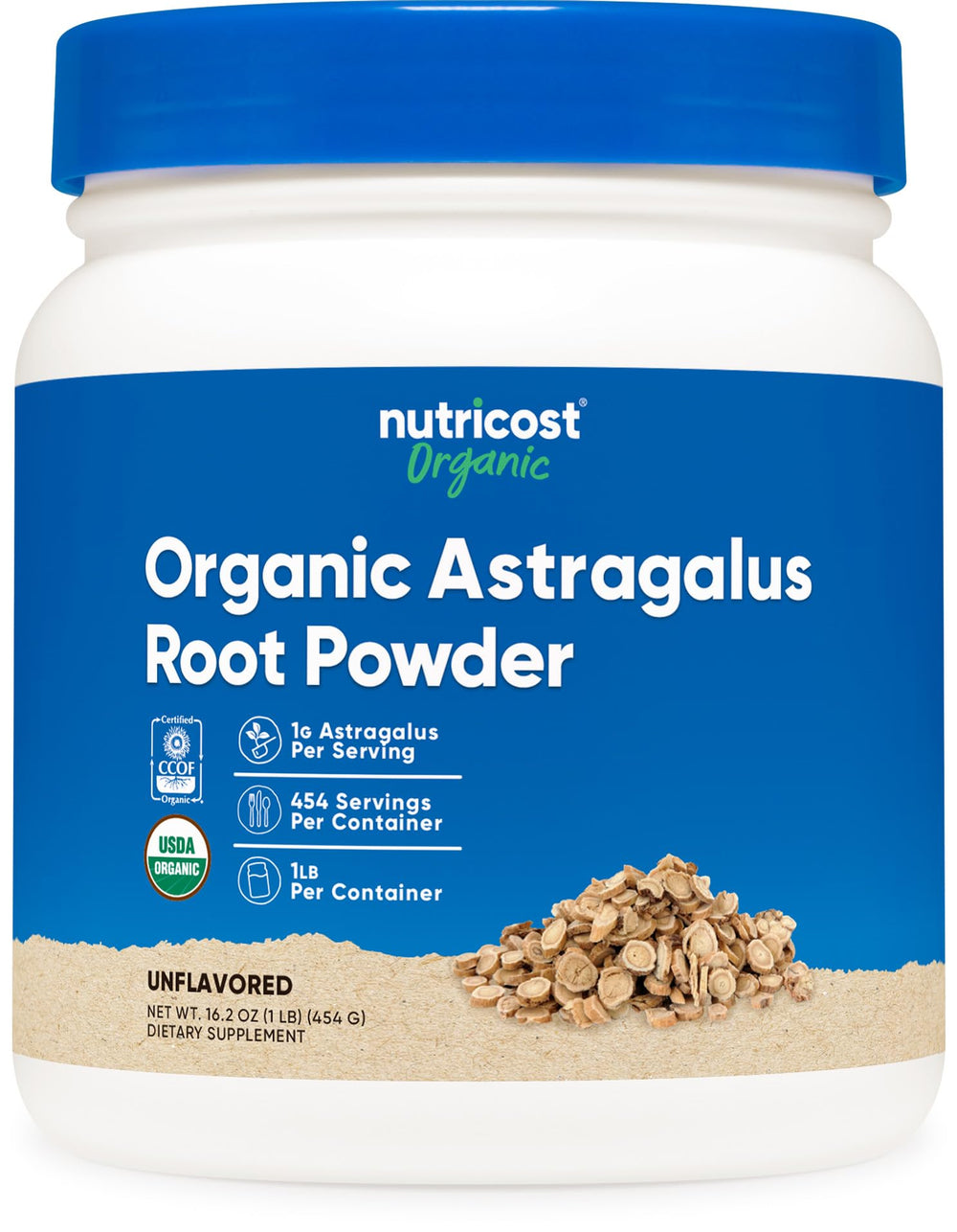 Nutricost envase frontal de astrágalo en polvo mostrando tamaño y diseño