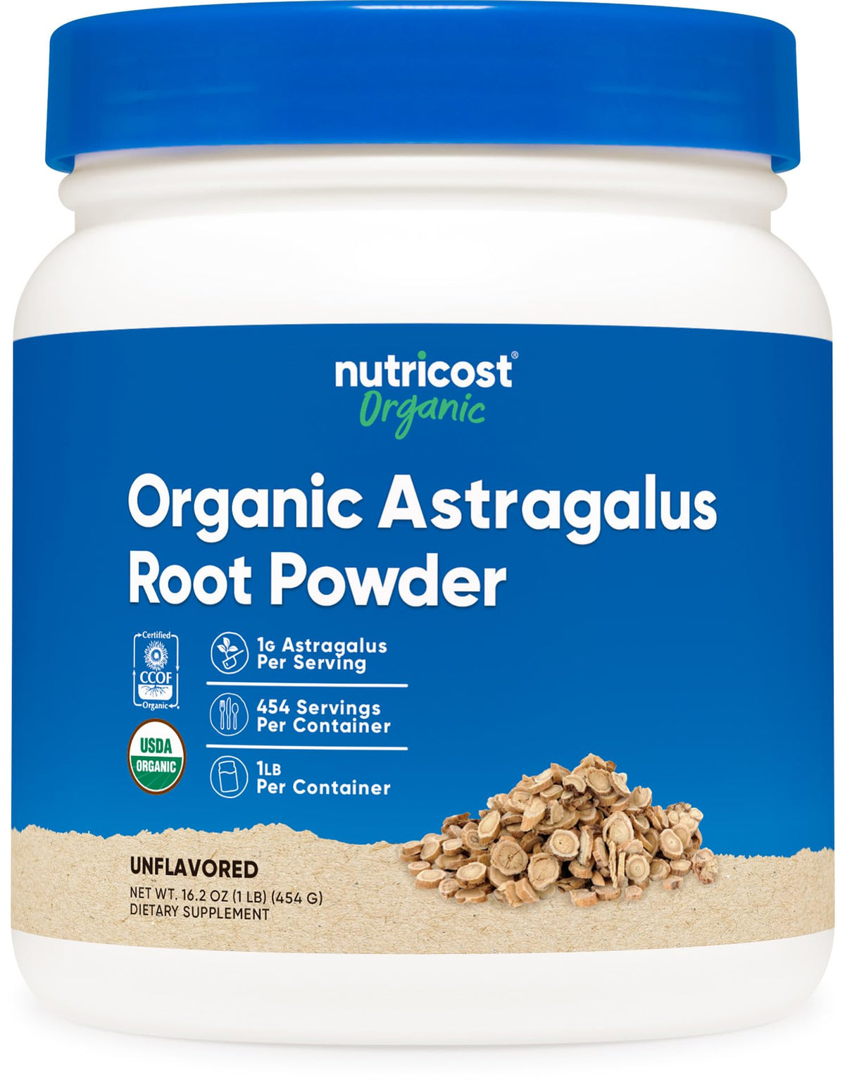 Nutricost envase frontal de astrágalo en polvo mostrando tamaño y diseño