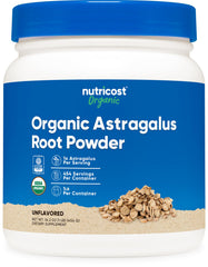 Nutricost envase frontal de astrágalo en polvo mostrando tamaño y diseño